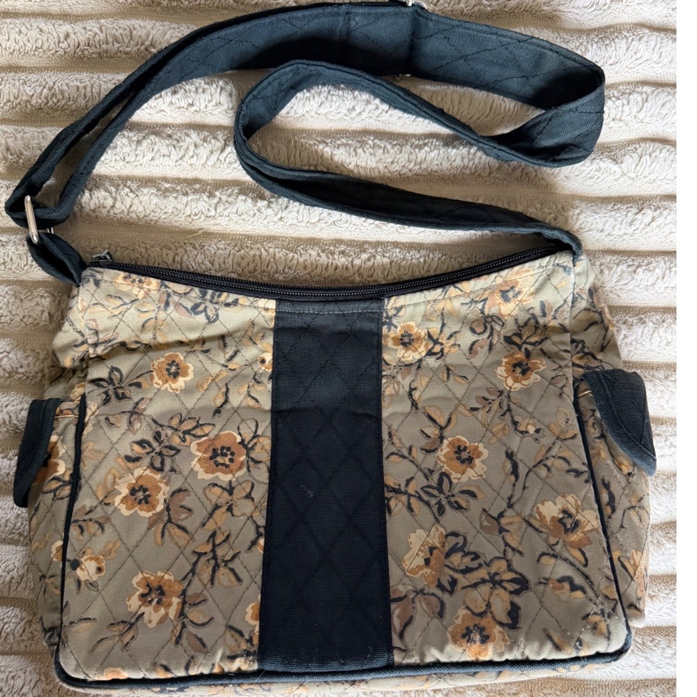 Longaberger‎ Homestead Quilted Floral Crossbody Bag Green Tan Black Strap 12x8